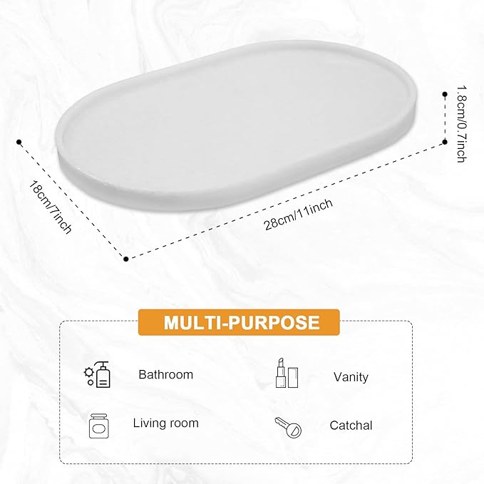 Pure Natural Marble Tray for Bathroom, Dresser, Sink. Cosmetics, toiletries, perfumes, Jewelry, Candles, etc. can be Placed (White Jade, 12" x 8" x 0.7")