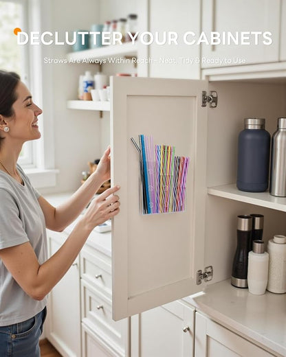 9" Straw Holder for Cabinet Door–Acrylic Straw Organizer with Height Dividers, Wall Mounted Kitchen Accessories Container Storage Inside Cupboard Cabinet Door, Easy Install with Adhesive Strips