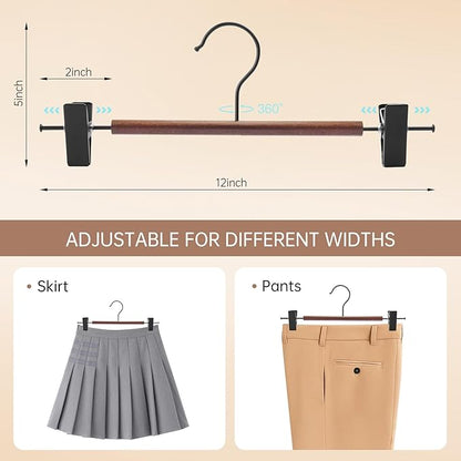 Wooden Pants Hangers with Clips 6 Pack, Heavy Duty Adjustable Clip Non Slip Skirt Hanger for Jeans, Trousers, Short, Clothes, Space Saving Closet Organizer (Black, 6 Pack)