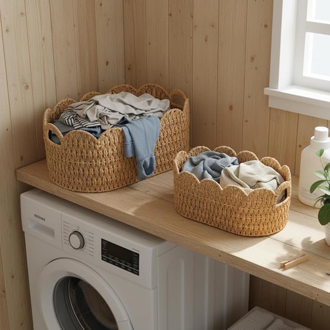Coeusy Paper Rope Scalloped Basket Set of 2,Woven Storage Baskets for Shelves,Laundry,Towels,Clothes,Books,Toys,Cute Decor Baskets for Organizing,Natural Color