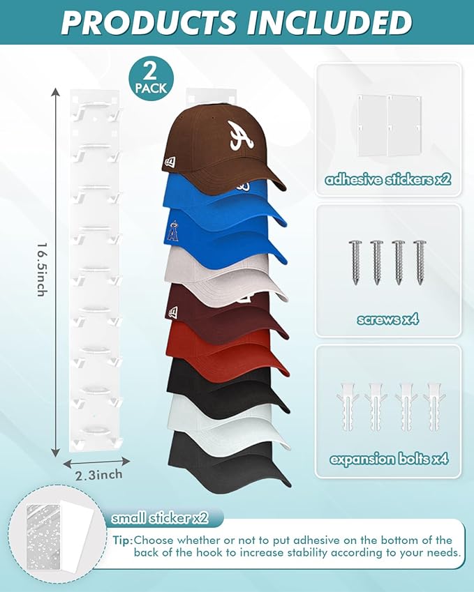 Hat Organizer for Baseball Caps (2-Pack), Strong Adhesive Hat Rack for Wall, Multi-layer Hat Hooks Storage for 18 Hats, Hat Holder Hanger for Door, Bedroom, Closet - White