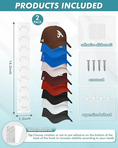 Hat Organizer for Baseball Caps (2-Pack), Strong Adhesive Hat Rack for Wall, Multi-layer Hat Hooks Storage for 18 Hats, Hat Holder Hanger for Door, Bedroom, Closet - White