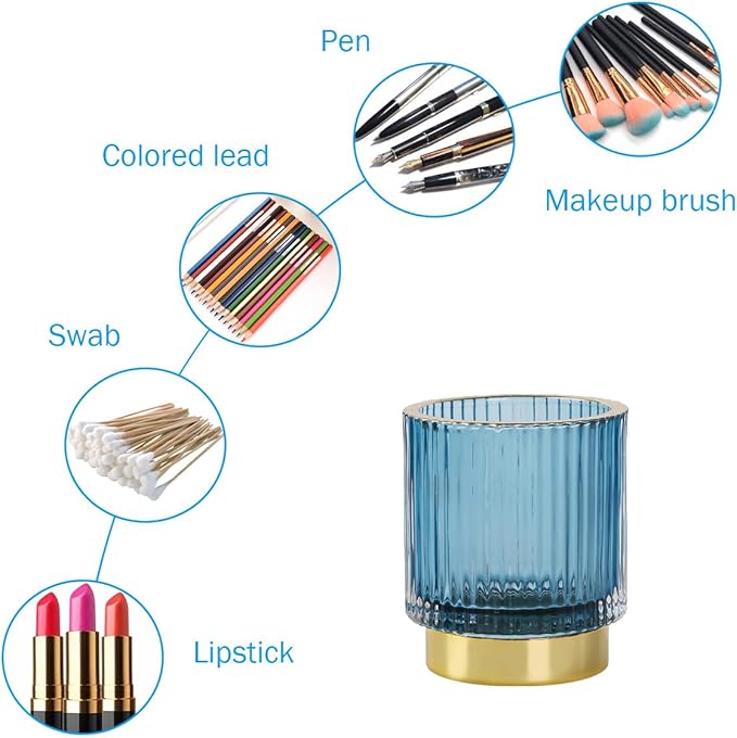 Blue Makeup Brush Holder, Glass Toothbrush Holders for Bathrooms, Gold Pen Holder for Desk, Vintage Make Up Brush Holder Vanity Organizer for Brushes, Lipstick, Eyebrow Pencil