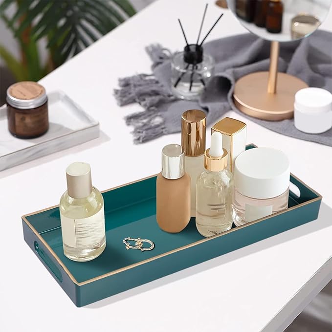 MAONAME Green Bathroom Tray, Plastic Vanity Tray, Narrow Countertop Trays with Handles, Perfume Organizer Trays for Dresser, Bathroom Accessories, 13.8" x 6" x 1.57"