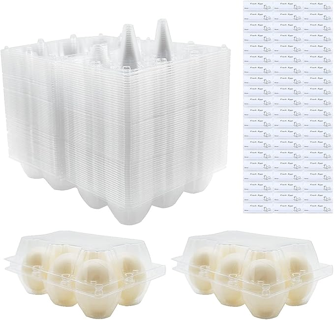Egg Cartons 60 Packs, Clear Eco-friendly Plastic Blank Egg Cartons with Free Labels, Holds up to 6 Duck Eggs Securely, Perfect for Family Pasture Farm Markets Display - Large