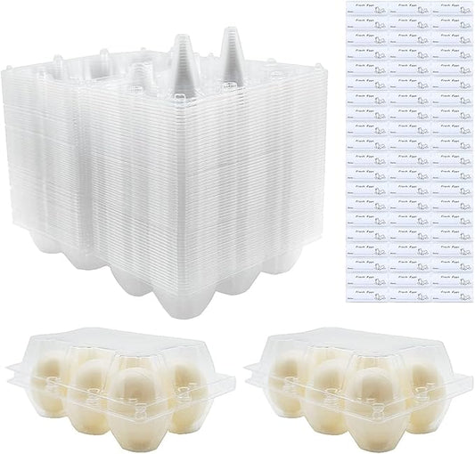 Egg Cartons 60 Packs, Clear Eco-friendly Plastic Blank Egg Cartons with Free Labels, Holds up to 6 Duck Eggs Securely, Perfect for Family Pasture Farm Markets Display - Large