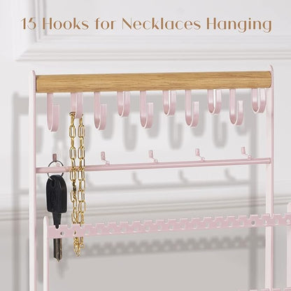 ProCase Jewelry Organizer Stand Necklace Organizer Earring Holder, 6 Tier Jewelry Stand Necklace Holder with 15 Hooks, Jewelry Tower Display Rack Storage Tree for Bracelets Earrings Rings -Pink