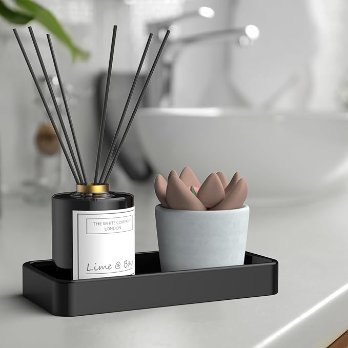Gurygo 8" Ceramic Kitchen Soap Tray - Small Rectangular Vanity Tray for Bathroom - Countertop and Vanity Tray - Comestic Holder Bathtub Organizer - Bathroom Tray, (Black, Set/1)
