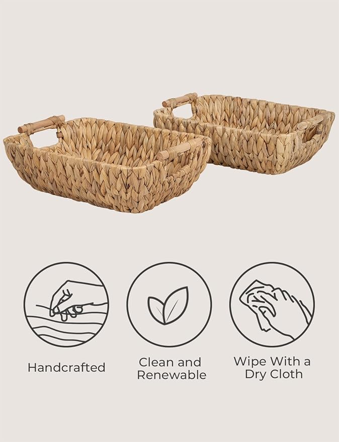 StorageWorks Hand-Woven Large Storage Baskets with Wooden Handles, Water Hyacinth Wicker Baskets for Organizing, 2-Pack