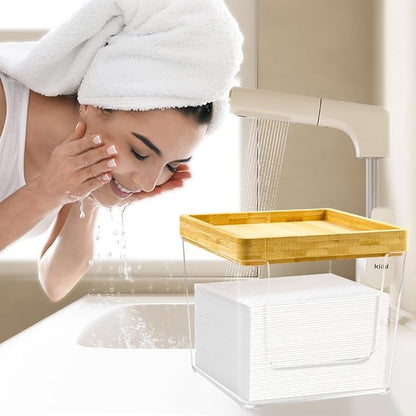 GRETJOB Disposable Face Towel Holder Box, Acrylic Facial Container for XL Clean Skin Club, Large Storage With Bamboo Lid Towel Organizer Container for Bathroom, Vanity Makeup, Clear
