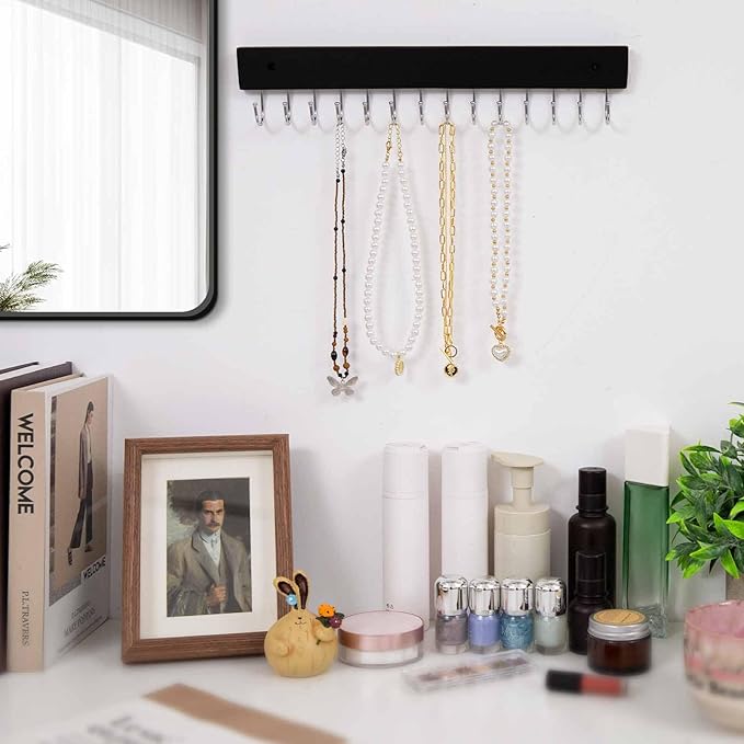 SCUNDA Wall Mounted Necklace Holder, Classic Style Necklace Holder, Tangle-Free Wall Jewelry Organizer with 28 Hooks(2 Packs,Black)
