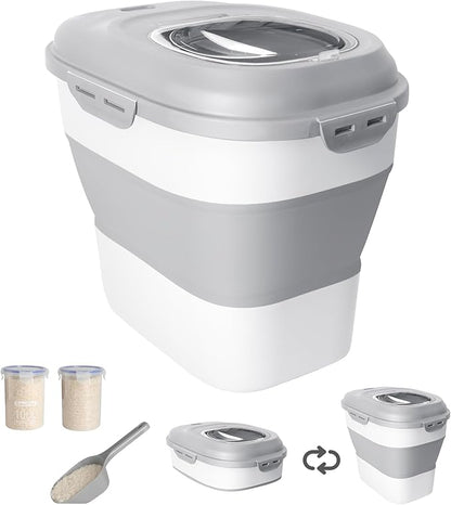 20-50 Lbs Food Storage Container With Wheel, Airtight Locking Lid, Collapsible Rice Container, Flour Storage With Small Container and Scoop, Suitable for Pet Food