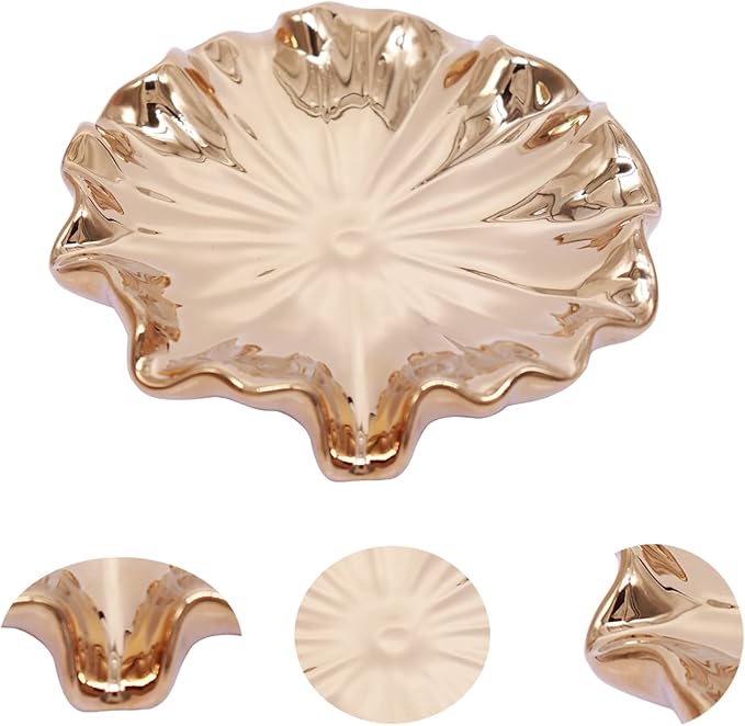 Lotus Leaf Soap Dish Gold Ceramic Soap Holder Self Draining Soap Dish Waterfall Slot Sponge Holder Bathroom Accessories for Bathroom, Kitchen,Bar Counter.