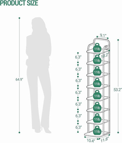 Hzuaneri 8 Tiers Vertical Shoe Rack, Narrow Shoe Tower, Tall Shoes Shelf with 2 Hooks, Adjustable Shelves, Corner Shoes Shelves for Small Spaces, Entryway, Living Room, White Gold SR04313A