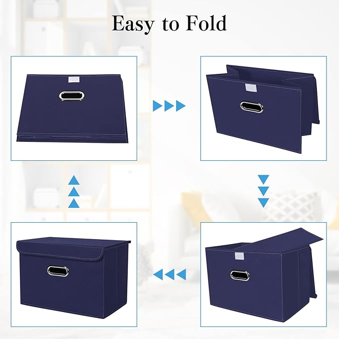 STOREONE Fabric Storage Cube Bins Foldable Organizer Container Collapsible Basket with Lids and Metal Handles, for Home, Bedroom, Closet 6 Pcs (Navy Blue)