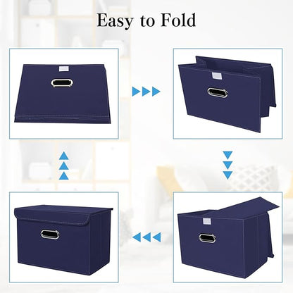 STOREONE Fabric Storage Cube Bins Foldable Organizer Container Collapsible Basket with Lids and Metal Handles, for Home, Bedroom, Closet 6 Pcs (Navy Blue)
