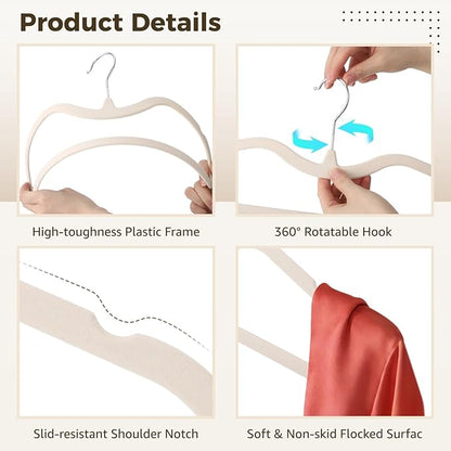 20 Pcs Velvet Short Neck Hangers for Closet - Flocked Space-Saving Hangers with 360° Swivel Hooks, Non-Skid Clothes Organizers for Shirts, Pants, Dresses