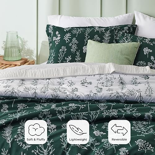 Bedsure Floral Comforter Set Cute Bedding Set Full Reversible Dark Green - Image 3