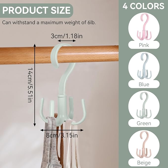 2PCS Rotating Handbag Hanger, Scarf Tie Rack Hooks Hoodie Hanger 360 Degree Rotating Closet Organizers with 4 Claws Multifunctional Closet Handbag Hook Scarf Hanging (Green)