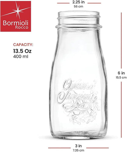 Bormioli Rocco Quattro Stagioni Bottles – 13.5 Oz. Glass Jars with Twist Lids, Microwave & Dishwasher Safe – For Canning, Cocktails, Gifts, Party Favors & Holiday Décor – Made in Italy (Set of 4)