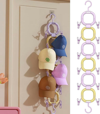 Hat Organizer Storage for Baseball Caps Hat Rack Small Space Organization for Wall and Cloeset Multi-Functional Hanger Hold up to 12 Hats 6 Scarf for Closet Door Bedroom (Yellow Purple - 6 Loops)