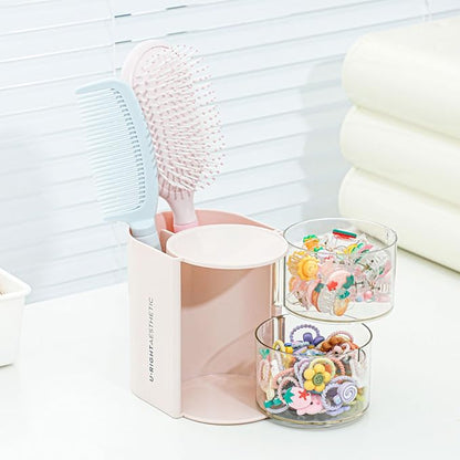 FABROK 2-Layer Clear Hair Accessories Organizer with Hair Brushes Holder, Rotatable Small Jewelry Box for Necklaces、Earring, Desktop Organizer Case for Hair Accessories, Cotton Swab(Pink)