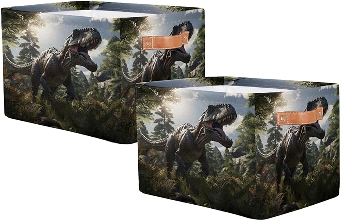 AUUXVA Storage Basket Giant Jurassic Dinosaur Storage Cube Box Durable Canvas Collapsible Toy Basket Organizer Bin with Handles for Shelf Closet Bedroom Home Office