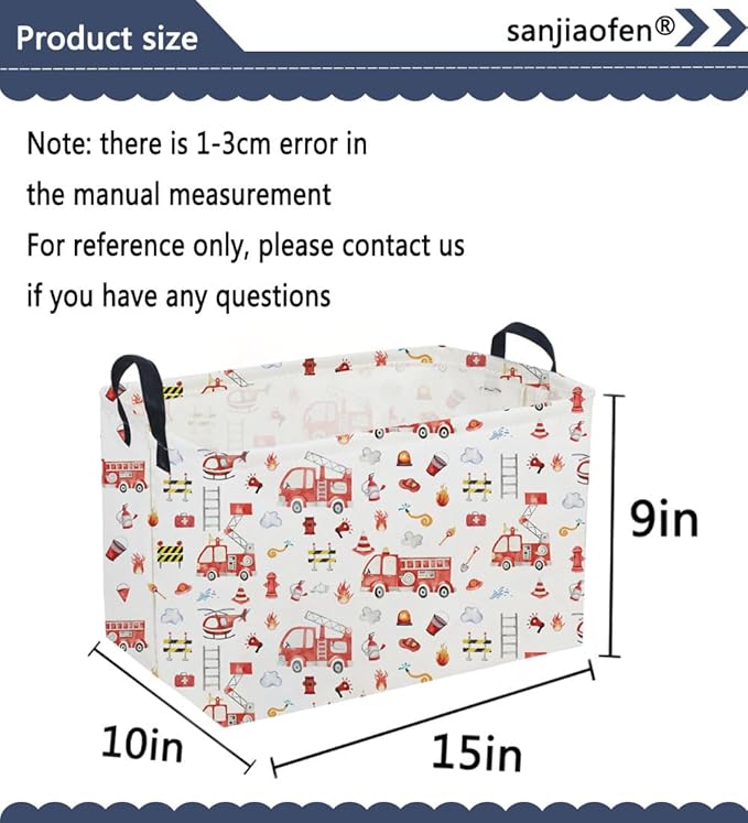 Sanjiaofeng Rectangular Fire Engine Storage Basket,Kids Toy Storage Bin,Nursery Hamper,Kids Storage Basket with Handles,Home Organizer,Books Box,Gift Baskets,Car Room Decor(Fire Engines)
