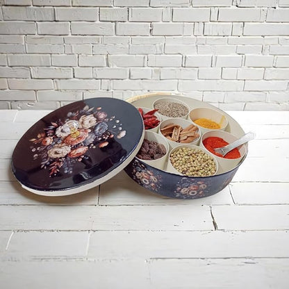 Floral Iron Spice Box For Kitchen | Detachable Containers Iron Masala Box For Kitchen (Navy Blue)