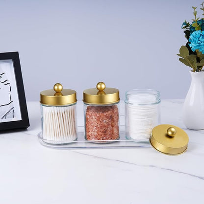 SheeChung 3-Pack Glass Apothecary Jars with Acrylic Vanity Tray - Bathroom Organizer Set for Qtip, Cotton Ball, Floss Picks - Luxury Style Bathroom Accessories Storage Canister（Gold)