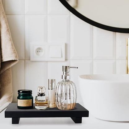 Wooden Pedestal Stand Black Bathroom Counter Organizer Tray Decor Farmhouse Wood Risers Small Hand Soap Dish Dispenser Holder for Kitchen Sink Modern Bathroom Vanity Accessories Decorative Tray