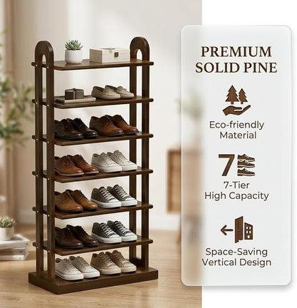 7-Tier Vertical Shoe Rack, Entryway Shoe Tower, Shoe Rack Organizer, Shoe Holder Storage Narrow Vertical, Wooden Free Standing Shoe Rack Shelf for Entryway, Hallway, Closet