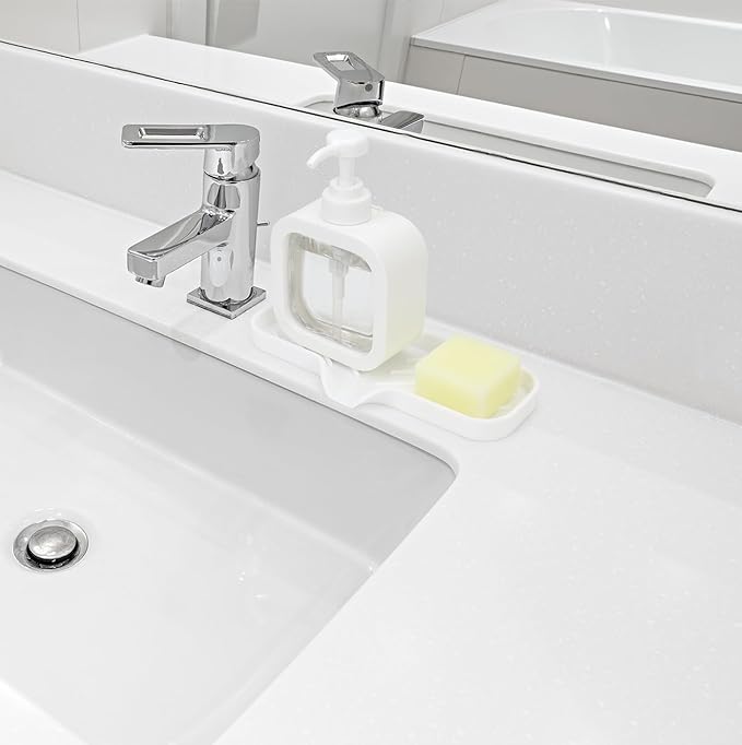 Silicone Bathroom Soap Dishes, Sponge Holder for Kitchen Sink, Shower Soap Holder with Drain, Soap Dispenser Tray, Soap Dish for Bottle, Cup, Sink or Counter Organizer - White 9" x 3.15"