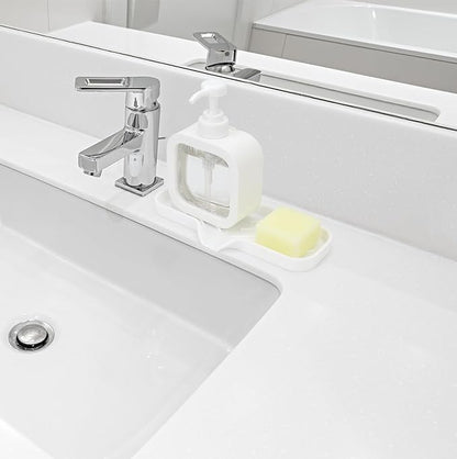 Silicone Bathroom Soap Dishes, Sponge Holder for Kitchen Sink, Shower Soap Holder with Drain, Soap Dispenser Tray, Soap Dish for Bottle, Cup, Sink or Counter Organizer - White 9" x 3.15"