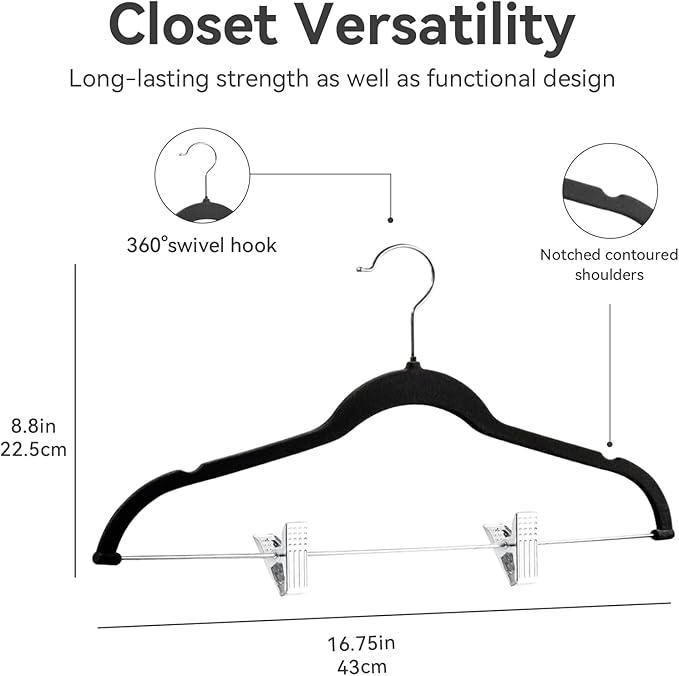 Velvet Pants Hangers Pack of 24, Non-Slip Skirt Clothes Trousers Hangers with Adjustable Clips, 360 ° Swivel Hooks Black/Silver