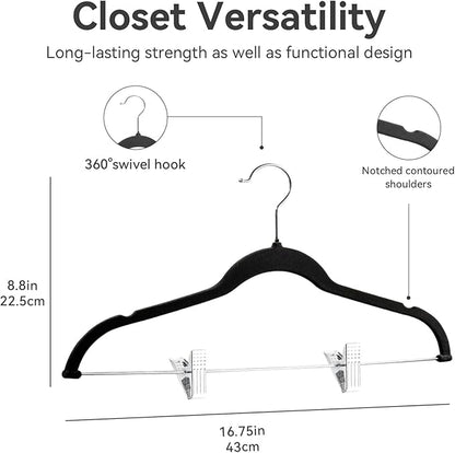 Velvet Pants Hangers Pack of 24, Non-Slip Skirt Clothes Trousers Hangers with Adjustable Clips, 360 ° Swivel Hooks Black/Silver
