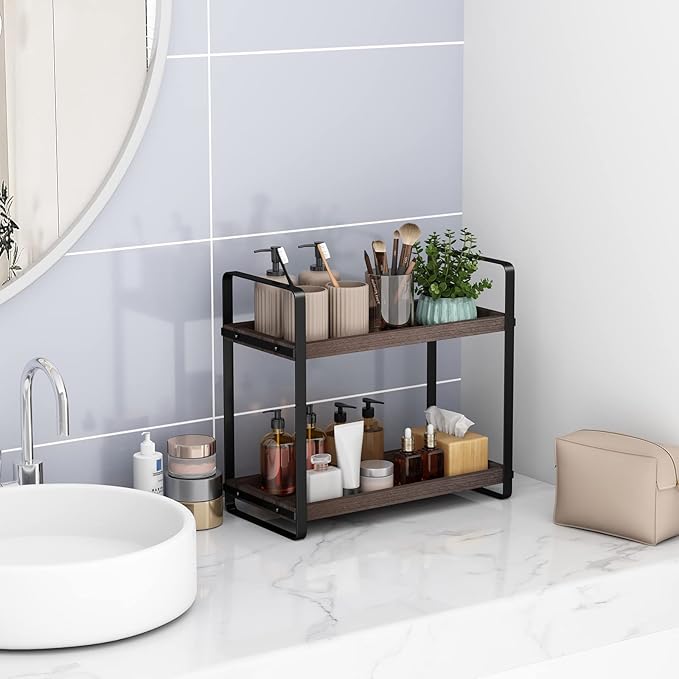 HNRLOY Bathroom Counter Organizer,Bathroom Countertop Organizer,Counter Shelf,Countertop Storage,Organization and Storage,Makeup Shelf,Sink Caddy(Brown 2 Tier)