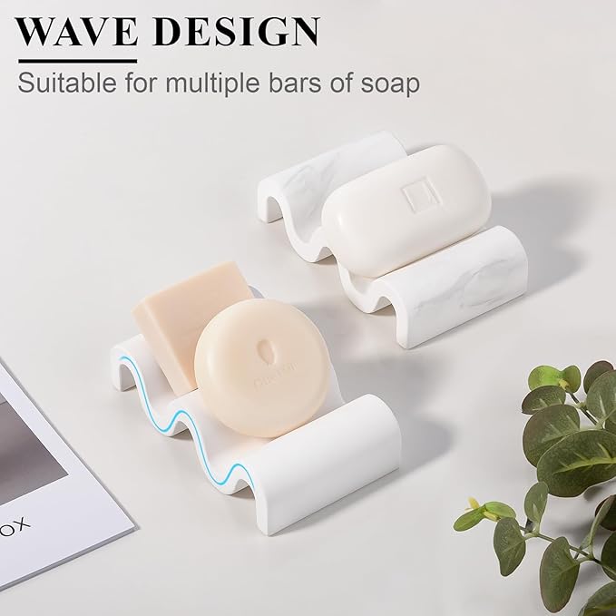 Diatomite Soap Dish Quick Drying Bar Soap Holder Draining Soap Saver Rack Wave Pattern Sponge Tray for Bathroom Sink, Shower, Kitchen, White