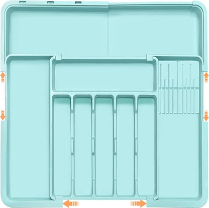 Homecor Silverware Organizer - Expandable Large Kitchen Drawer Organizer Utensil Organizer with 2 Knife Block Inserts, 22"x 19"Cutlery Tray with Drawer Dividers for Kitchen Flatware (Turquoise)