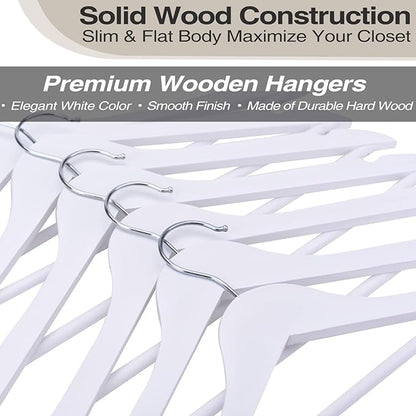 FairyHaus Wooden Hangers 30 Pack White, Slim Wood Coat Suits Hanger with 360° Swivel Hook, Notches and Pants Bar, Smooth Finish and Lightweight for Closet Clothes
