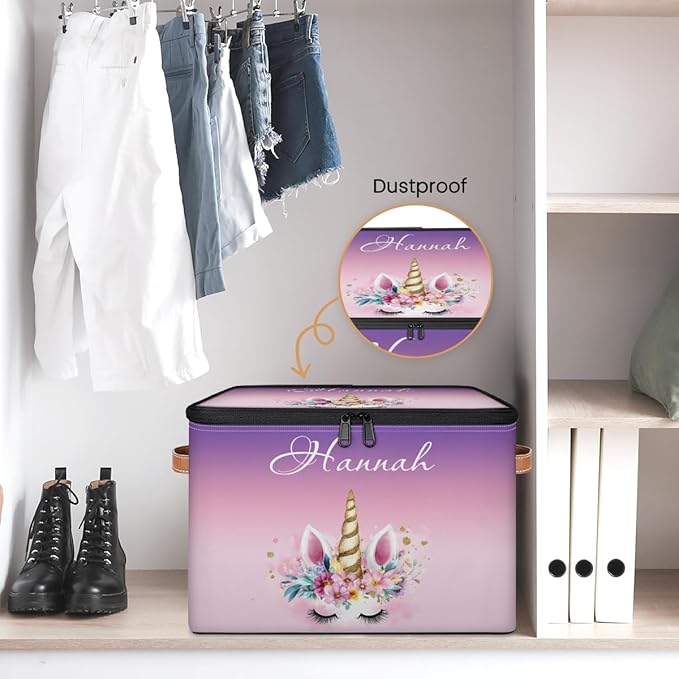 Custom Unicorns Storage Bins with Lid, Foldable Personalized Storage Basket Boxes with Handle Shelf Basket Closet Organizer Cube