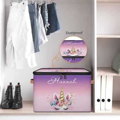 Custom Unicorns Storage Bins with Lid, Foldable Personalized Storage Basket Boxes with Handle Shelf Basket Closet Organizer Cube