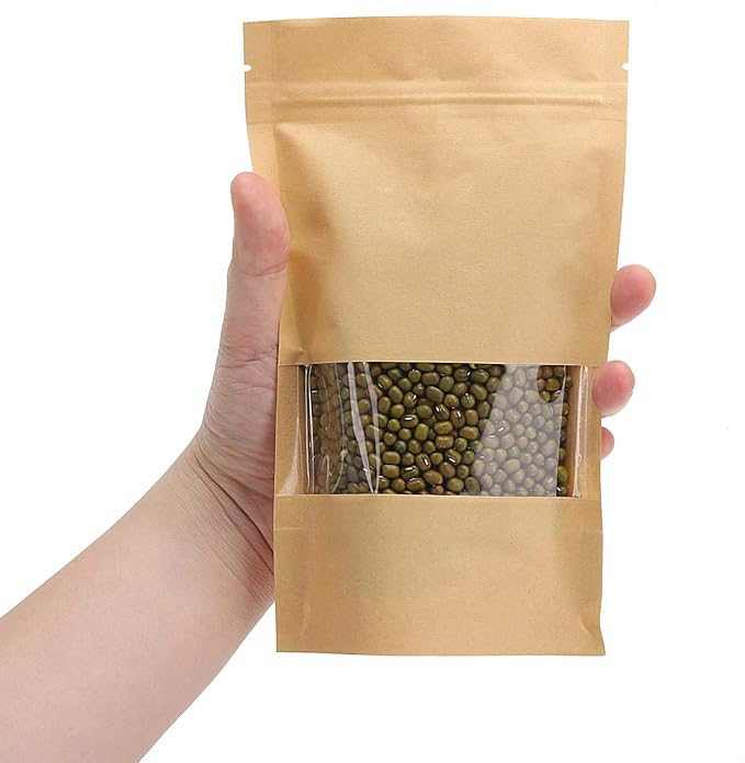 100pcs Kraft Paper Treat Bags with Window, Ziplock Stand Up Pouches for Packing Food Cookies Snacks