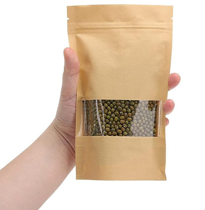 100pcs Kraft Paper Treat Bags with Window, Ziplock Stand Up Pouches for Packing Food Cookies Snacks