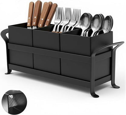 Utensil Holder Mesh Drainage Holes, 3pcs Bins Set Countertop Utensil Holder for Spoons, Forks and Knives, Cutlery Organizer Suitable for Party, Kitchen Counter, Black