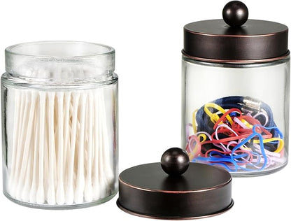 SheeChung 2-Pack Qtip Holder Dispenser-Glass Apothecary Jars with Rust-Proof Stainless Steel Lids-Vintage Rustic Farmhouse Bathroom Vanity Organizer for Cotton Swabs, Balls, Pads(Oil Rubbed Bronze