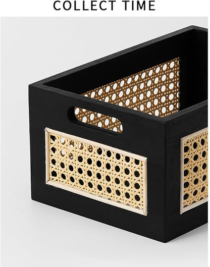 Storage Basket, Wooden Bamboo Weaving Storage Basket Hand-Woven Desktop Storage Bins for Toys, Snacks, Office/Home Supplies, Cosmetics, etc. (S)