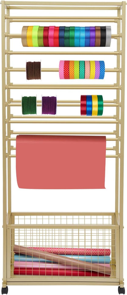 20-Tier Double-Sided Ribbon Holder Organizer Rack with Storage Basket & Wheels, Multifunctional Flower Wrapping Paper Display Stand for Craft Rooms, Flower Shops (Gold, 26.38''W x 12.6''D x 59.06''H)