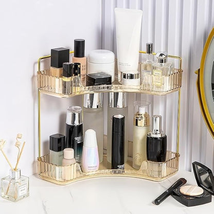 CESTATIVO Corner Bathroom Counter Organizer, Vanity Trays for Bathroom, Skincare Makeup Organizer Shelf, Shelf Cosmetics, Toiletries, Lotions, Perfumes (2 Tiers, Amber)