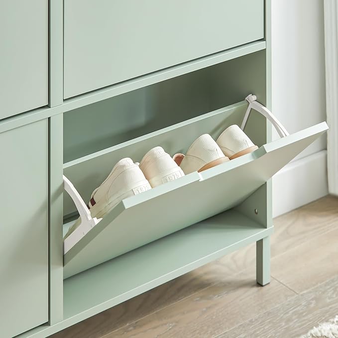 Haotian Green Shoe Cabinet with 4 Flip-Drawers, Narrow Freestanding Shoe Rack, Slim Shoe Organiazer for Entryway Hallway Mudroom(7.5" D x 39.4" W x 35.8" H) FSR100-GR